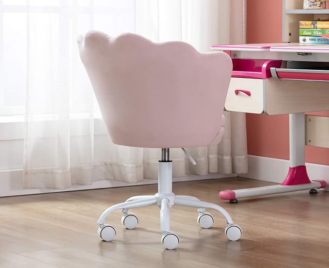 Adjustable Kids Desk Chair Cute Reading Computer Chair for Students Modern Upholstered Velvet Swivel Rolling Armchair for Girls Bedroom, Seashell Back (Light Pink)