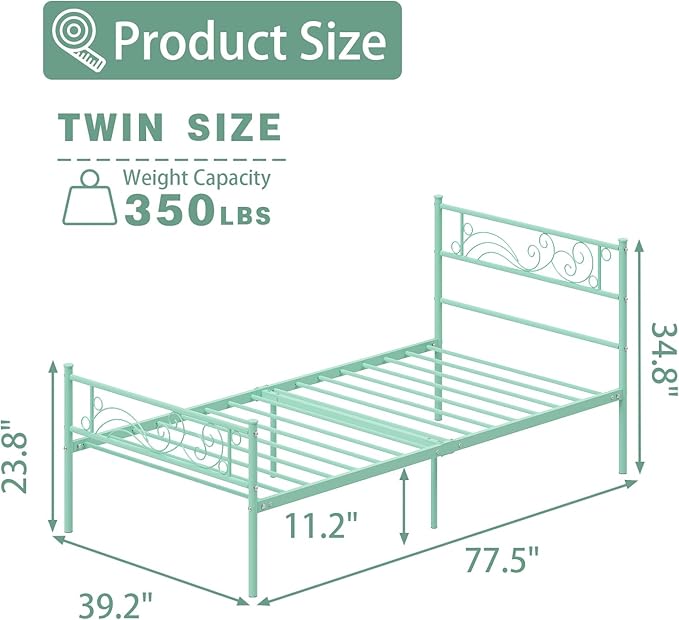Weehom Twin Bed Frames with Headboard, Heavy Duty Metal Platform No Box Spring Needed Under-Bed Storage Easy Assembly Twin Sized Bed for Kids Girls Adults,Mint Green