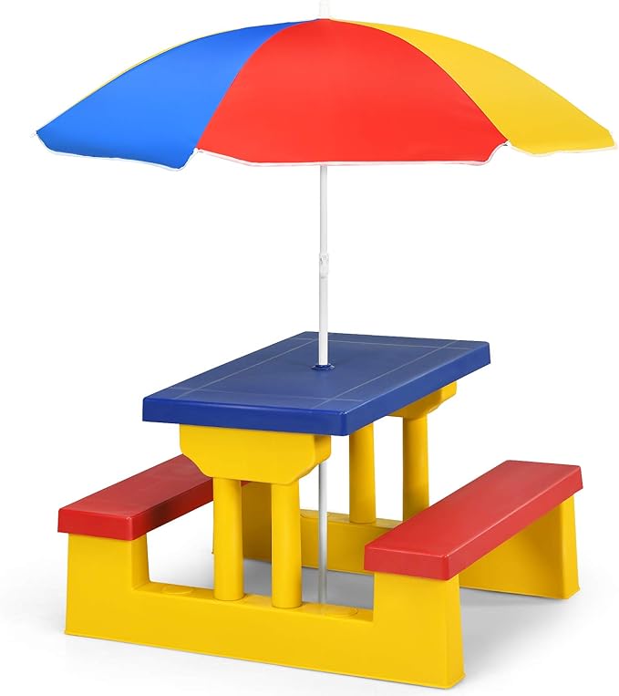HONEY JOY Kids Picnic Table, Toddler Plastic Outdoor Table & Bench Set with Umbrella, Children Patio Furniture Set for Backyard Garden, Kids Picnic Tables for Outdoors, Gift for Boys Girls Age 3+