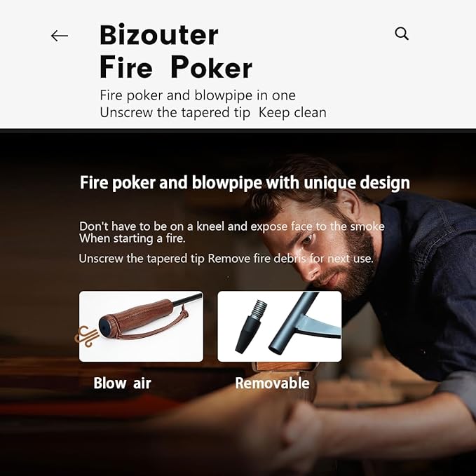 Fire Poker 34inch 2 in 1 Foldable Fire Poker & Blow Stick Fireplace Tool with Wooden Ergonomic Handle, Portable Fire Pit Poker for Campfire,Wood Burning Stove & BBQ