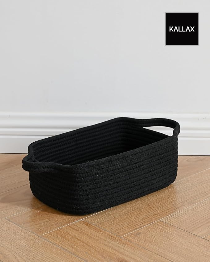 KALLAX Small Woven Basket, 12 x 8 x 4.5 Inches, Small Storage Baskets for Organizing, Gift Baskets Empty, Cute Rope Shelf Closet Storage Bins for Shelves, Dog Toy Basket, 3 Packs, Black