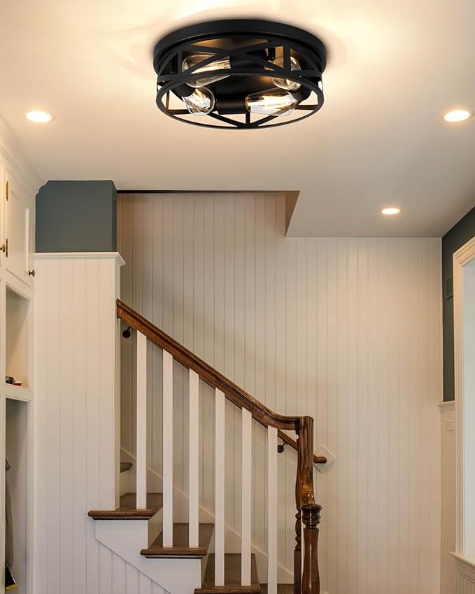 13 Inch Close to Ceiling Light Fixtures, 2 Pack Farmhouse Flush Mount Ceiling Light 4-Lights, Black Metal Cage Semi Flush Mount Ceiling Light for House Hallway Kitchen Bedroom