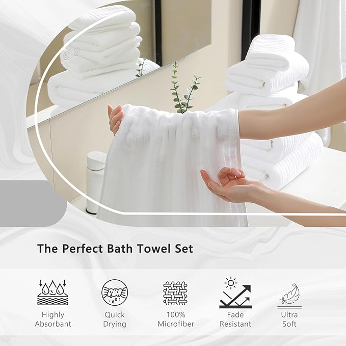 18 Piece Bath Towels Set,Ultra Soft Family Bathroom Towel Set with Hanging Loops-6 Bath Towels,6 Hand Towels,6 Washcloths,Highly Absorbent Quick Dry Shower Towel for Bathroom,Hotel,Spa-White Towel Set