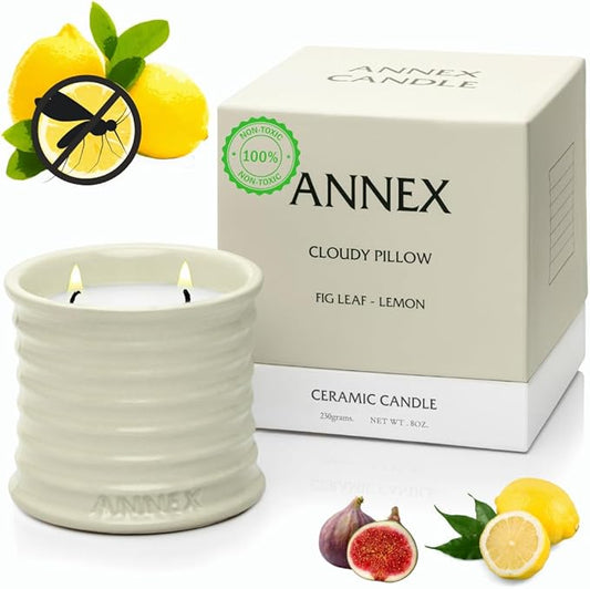 Scented Luxury Citronella Candles outdoor, Mosquito Bug Repellent | Handmade Ceramic Jars, Soy Wax | Cloudy Pillow - Fig Leaf & Lemon, Large Natural Candle | Non Toxic, 2 Wicks, Reusable Big Beige Jar