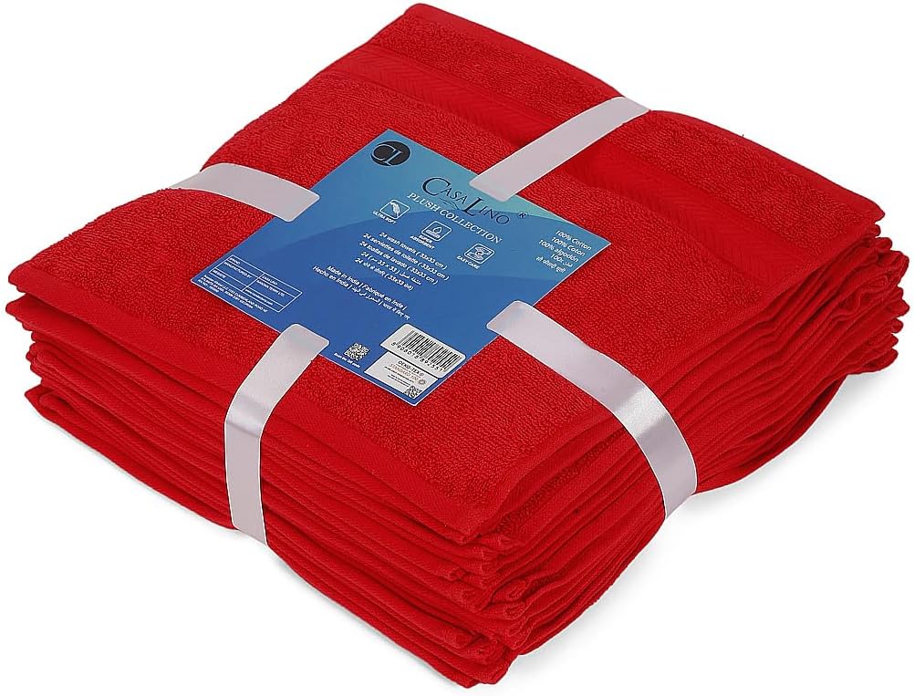 Casa Lino 24 Pack Wash Cloths Set, (12" X12) 100% Cotton wash Cloths, wash Cloths for Your face and Body, Highly Absorbent & fingertip Soft wash Cloths for Your face and Body, Red.
