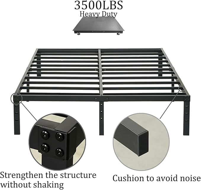 Full Size Bed Frame 18 inch Tall, 3500lbs Heavy Duty Metal Platform with Steel Slats Support, No Box Spring Needed, 18-inch Bedframe with Ample Storage, Sturdy and Noise-Free, Black