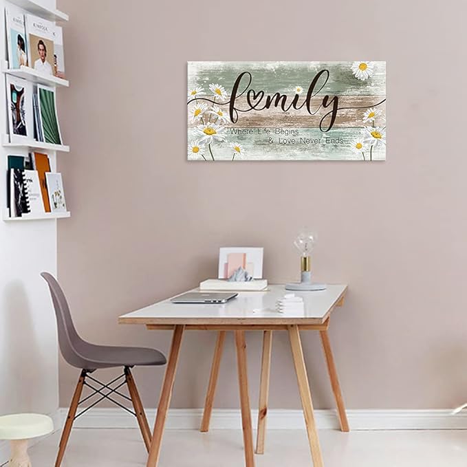 Canvas Wall Art Family Where Life Begins and Love Never Ends Inspirational Pictures Living Room Sign Wall Decor Rustic Farmhouse Motivational Canvas Prints Vintage Wooden Board Daisy Artwork 20 "x40 "
