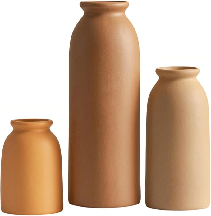 Ceramic Vase Set-3, Small Flower Vases for Decor, Modern Boho Farmhouse Style, Decorative Vases for Pampas Grass & Dried Flowers, Distressed Finish (Earth Tone)