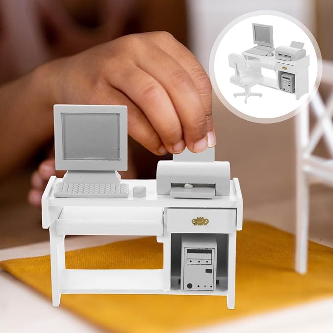 1 Set Miniature Office Desk: Dollhouse Computer Desk Mini Toys for Crafts - Tiny House Wood Computer Model Miniature Office Furniture Ornament for Kids Doll House(White)