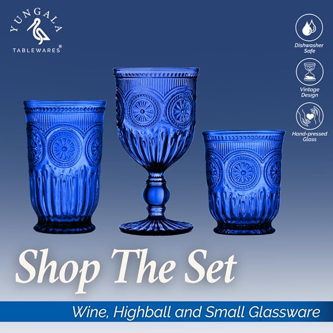 Yungala Cobalt Blue Wine Glasses Set of 6 Blue Goblets - Handcrafted Vintage Glassware with Sunflower Motif, Dishwasher Safe Cobalt Blue Glassware