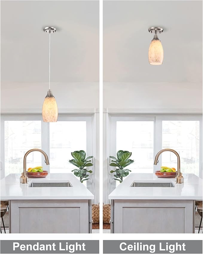 Mini Milk Glass Pendant Light,Handcrafted Beige Glass Pendant Hanging Light fixtures Small Pendant Light with Brushed Nickel Adjustable Cord for Kitchen Island,Bed Room,Hallway,Dining Room,Stairs