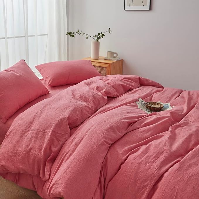 FACE TWO FACE Bedding Duvet Cover Set100% Washed Cotton Duvet Cover Linen Like Textured Breathable Durable Soft Comfy (Twin, Red)