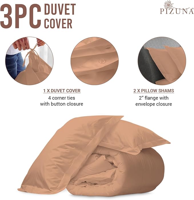 Pizuna Pure 100% Cotton Full Duvet Cover Set, Luxurious 400 Thread Count Long Staple Cotton Sateen Weave with Button Closure (Combed Peach Cotton Duvet Cover Full)