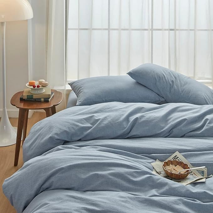 FACE TWO FACE Bedding Duvet Cover Set100% Washed Cotton Duvet Cover Linen Like Textured Breathable Durable Soft Comfy (California King, Cornflower Blue)