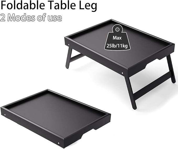 Bamboo Bed Tray Table with Foldable Legs Breakfast Tray, Lightweight Laptop Desk for Eating, Reading, Working in Bed or Sofa – Portable Lap Desk with Handles, Perfect for Home - Black