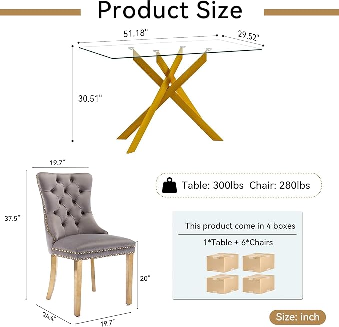 Goujxcy Glass Dining Table Set for 6, Modern Kitchen Table and Chairs Set of 6, 7-Piece Kitchen Dining Room Table Set w/51 Glass Gold Dining Table and 6 Grey Velvet Upholstered Chairs