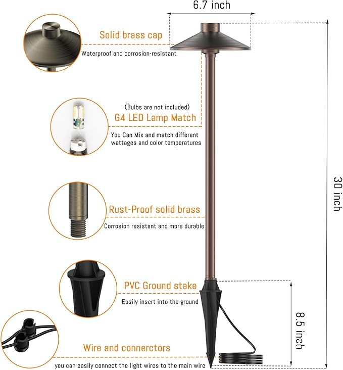 ZONEGRACE 4 Pack Solid Brass Low Voltage Pathway Lights,Outdoor Wired LED Landscape Path Lights,AC/DC 12V Bronze Pathway Lighting for Walkway Garden Yard,UL Listed Cord,Without Replacement Bulbs