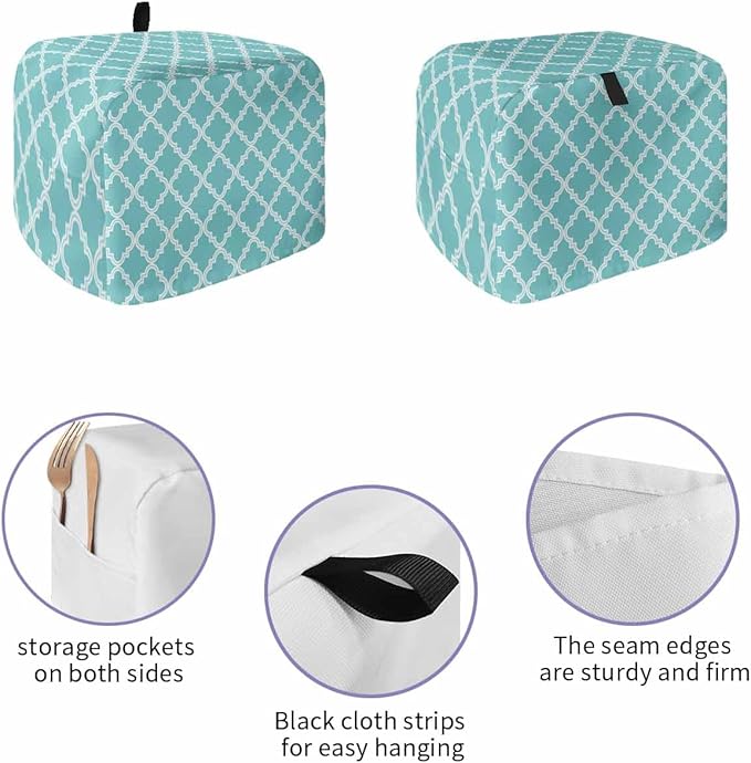 Toaster Cover 4 Slice Moroccan Pattern Toaster Oven Cover with Pockets Geometric Trellis Cyan Blue Dustproof Bakeware Protector Small Kitchen Appliance Dust Covers and Fingerprint Protection for Women
