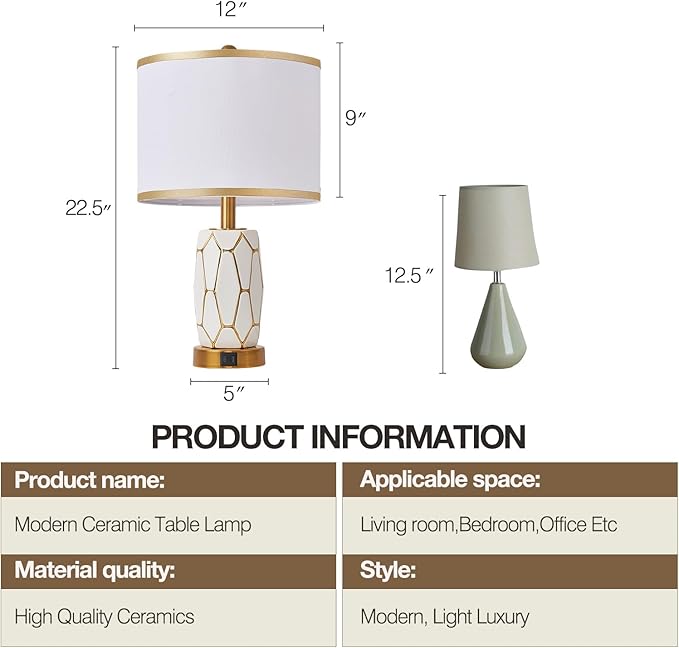 Set of 2 Touch Control Ceramic Table Lamps for Bedroom Livingroom,Modern Black/White, with USB Ports,Bedside Nightstand Lamp with Fabric Drum Lampshade,Blubs Included (White)