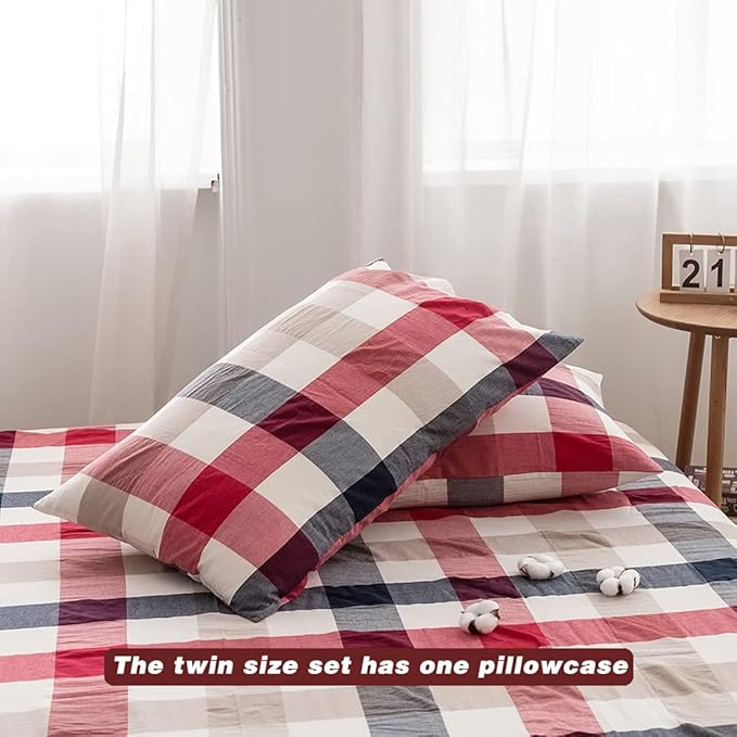 FACE TWO FACE Bedding Duvet Cover Set100% Washed Cotton Duvet Cover Linen Like Textured Breathable Durable Soft Comfy (Twin, Blue red Grid)