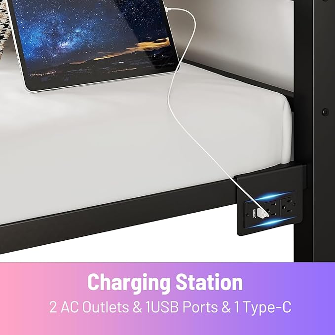 Full Size Bed Frame with Headboard and Footboard,Steel Slats Support-LED Bed Frame with USB Charging Station,Mattress Foundation-Under Bed Storage, No Box Spring Needed,Noise Free,Black
