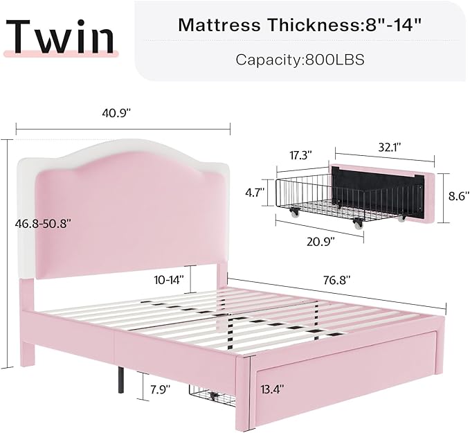 Jocisland Twin Bed Frame with 51" Tall & Thick Adjustable Headboard, Storage Drawer, RGB LED Lights, No Box Spring Needed, Velvet Upholstered, Pink