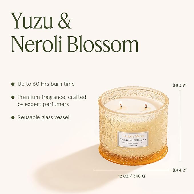 LA JOLIE MUSE Citrus Candle, Yuzu & Neroli Blossom Scented Candles, Luxury Jar Candle Gifts for Women & Men, Large 2-Wick Soy Candles, 60 Hours Long Burning, 12oz