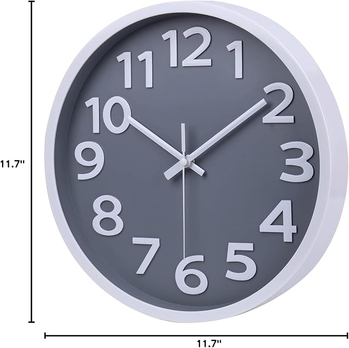 Wall Clock 12 Inch Silent Non-Ticking Battery Operated Clock Big Numbers Easy to Read Wall Clocks Decorative for Bathroom Office Kitchen Bedroom (Gray)