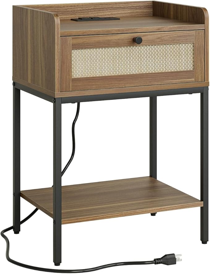 Masupu Nightstand with Charging Station, Modern Bedside Table Night Stand with Storage Drawer and Shelf,Small End Side Table for Bedroom,Living Room,Walnut Brown