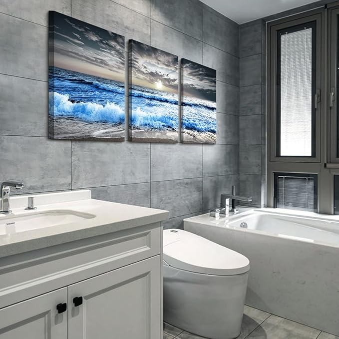 MHARTK66 Large Canvas Wall Art for Living Room, Bedroom, Office Decor - Blue Ocean Wave Seascape Pictures, Black and White Beach Painting - Modern Home Decorations