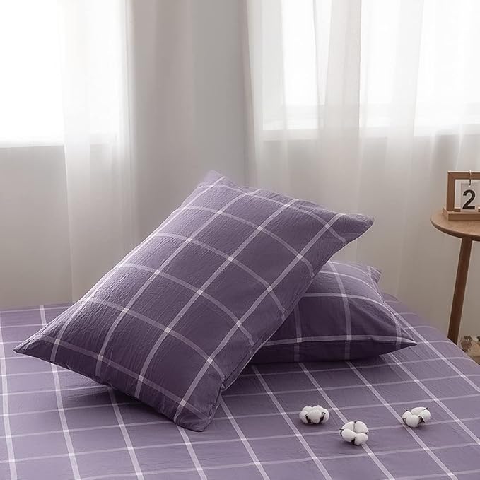 FACE TWO FACE Bedding Duvet Cover Set100% Washed Cotton Duvet Cover Linen Like Textured Breathable Durable Soft Comfy (California King, Purple Grid)