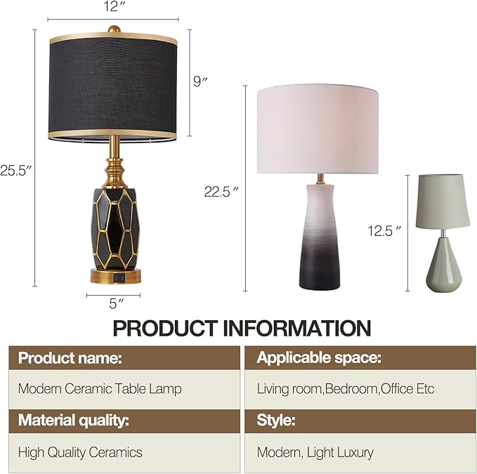 Set of 2 Touch Control Table Lamps for Bedroom Livingroom,Modern Ceramic Table Lamp with USB Ports,Bedside Nightstand Lamp with Fabric Drum Lampshade,Blubs Included (Black)