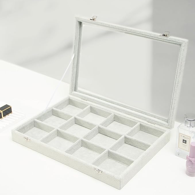 Coward Jewelry Organizer Tray Box, Grey Beige Velvet 12 Grids Bracelet Bangle Necklace Jewelry Display Tray Case with Transparent Glass Lid for Home Desk Drawer or Store Selling Show
