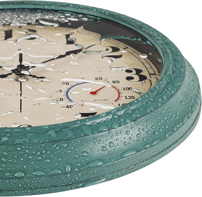 zyzamay 13 Inch Outdoor Clock with Thermometer and Hygrometer, Waterproof and Silent, Large Easy-to-Read Numbers, Ideal for Bedroom,Office,Living Room,Porch,Garden,Pool(Green)