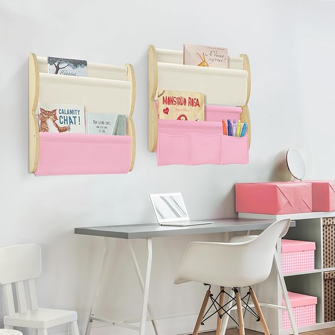 Wooden Wall Mounted Bookshelf for Kids Rooms, 4 Tier Floating Nursery Book Shelf, Kids Bookshelf with 2 Pockets, Toddler Sling Book Rack with Deep Sleeves (Pink)