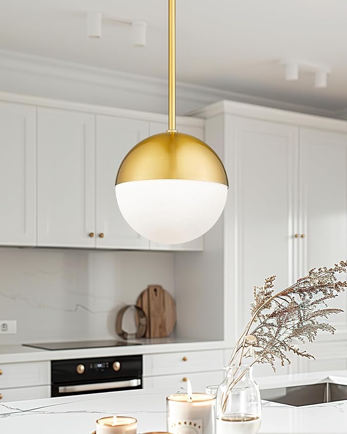 LMS Modern Pendant Lighting Gold Globe Pendant Light Fixture, Mid Century Chandelier One Light Hanging Fixture for Kitchen Island, Adjustable Indoor Lighting for Dinning Room Bedroom, LMS-187