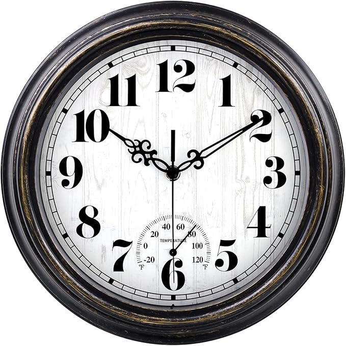 zyzamay 12 Inch Indoor Outdoor Clocks,Waterproof Wall Clock with Thermometer,Easy to Read,Non-Ticking Battery Operated Quality Quartz Clock, Decorative for Patio,Porch,Pool,Bathroom(BlackGold)