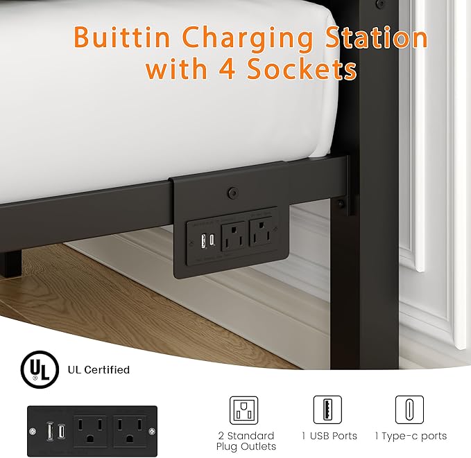 Full Bed Frame with Smart LED Lights, Storage Headboard and USB Charging Station,Heavy Duty Wooden Slats, No Box Spring Needed, Noise Free, Easy Assembly (Modern Black, Full)