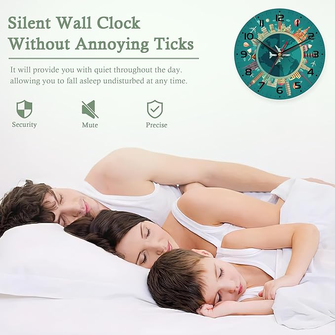 Wall Clock,Landmarks Wooden Art Hanging Clocks Silent Non-Ticking Wall Clock Battery Operated Round Home Arabic Numeral Decorative Wall Clocks 10 Inch