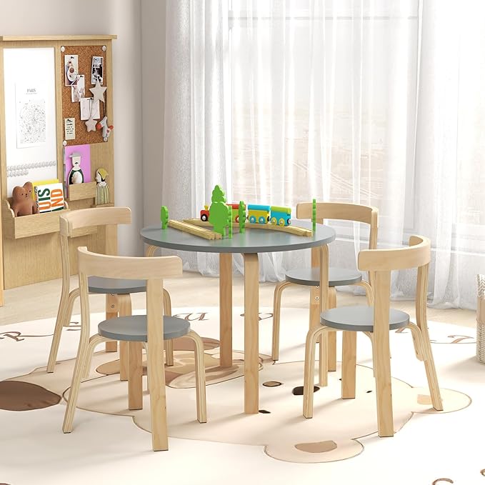 HONEY JOY Kids Table and Chair Set, Bentwood Toddler Round Table and 4 Chairs for Craft Art, Building Block, 5-Piece Children Furniture Set for Daycare, Kindergarten, Playroom (Gray)