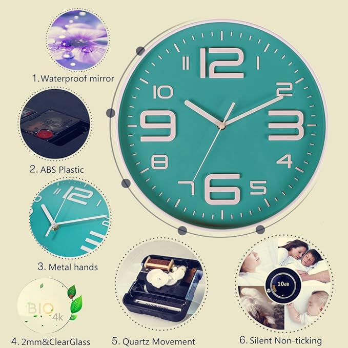 Zaoniy Non-Ticking Silent Quartz Wall Clock with Big 3D Number Modern Design Quiet Sweep Movement Indoor Decorative for Living Room Kitchen Wall Clocks Battery Operated 10-Inch (Bluegreen)