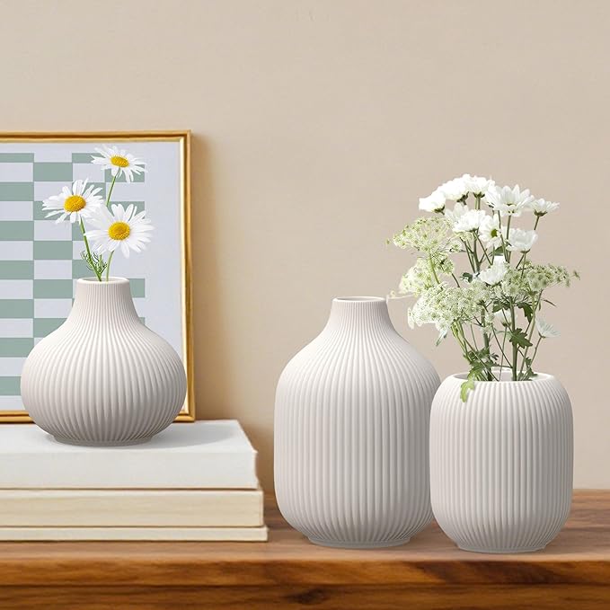 White Ceramic Vases Set of 3, Modern Minimalist Ribbed Vases for Centerpiece, Home Office Shelf Decor, Farmhouse Kitchen Bathroom Bedroom Living Room Decor