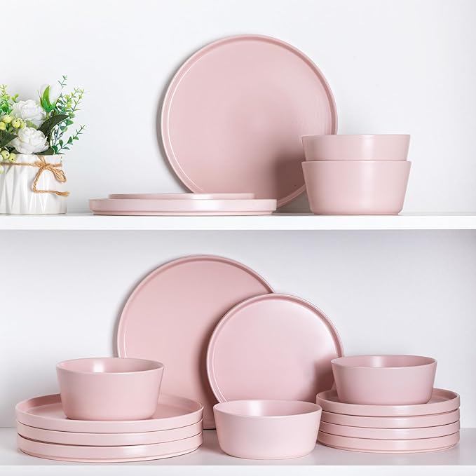 AmorArc Ceramic Dinnerware Sets for 4, Modern Flat Stoneware Plates and Bowls Sets,Chip and Crack Resistant | Dishwasher & Microwave Safe Dishes Set,Scratch Resistant- Service for 4 (12pc)-Matte Pink