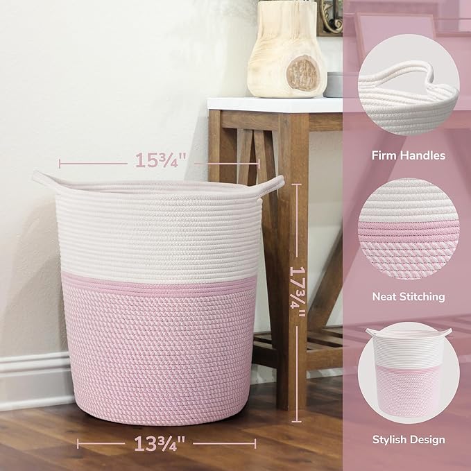 INDRESSME Cotton Basket 17¾ x 15¾ x 13¾ inches Woven Hamper Pink Girl Basket for Gift Toy Blanket Corner Baskets in living Room