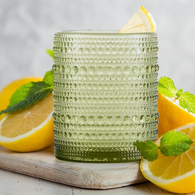 Hobnail Drinking Glasses Set of 6, Vintage Colored Glassware 11oz, Beverage Glass Cups for Water, Juice, Cocktail (Green)