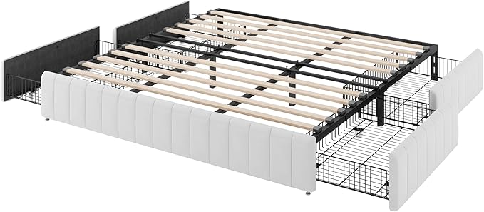 Allewie King Size Platform Bed Frame with 4 Large Storage Drawers, Velvet Vertical Channel Tufted Upholstered Bed Base, Wooden Slats Support, Noise-Free, No Box Spring Needed, Easy Assembly, White