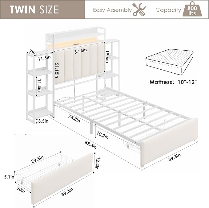 Keyluv Twin Bed Frame with Storage Headboard & Charging Station, Upholstered LED Platform Bed with Bedside Storage Rack & Drawer, Metal Slat Support, No Box Spring Needed, Velvet Fabric, White
