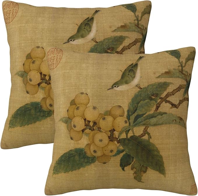 Vintage Rustic Chinoiserie Floral Bird Throw Pillow Covers 18x18 Inch Set of 2 Farmhouse Flowers Decorative Pillows Cover Retro French Country Cushion Case of Sofa Living Room Bedroom