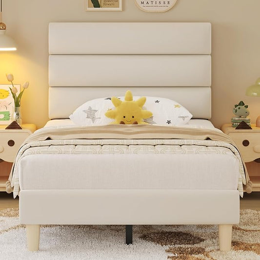 Twin Bed Frame, Platform Bed Frame with Velvet Upholstered Headboard, No Box Spring Needed, Sturdy Metal Support, Noise Free, Easy Assembly, Modern Bedroom Furniture, Beige