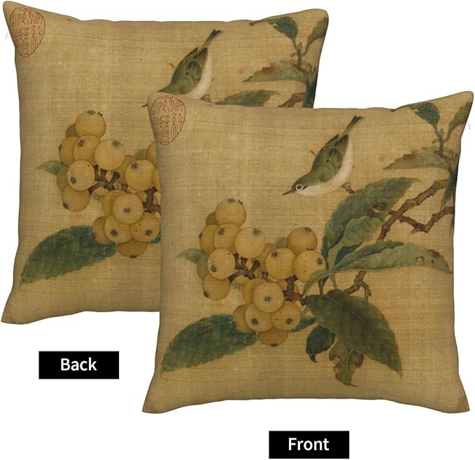 Vintage Rustic Chinoiserie Floral Bird Throw Pillow Covers 18x18 Inch Set of 2 Farmhouse Flowers Decorative Pillows Cover Retro French Country Cushion Case of Sofa Living Room Bedroom